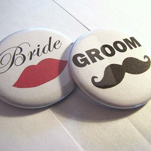 Bride and Groom 2 1/4 inch Pin Back Buttons Set of 2 image 1