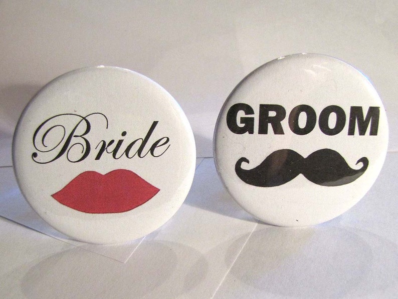 Bride and Groom 2 1/4 inch Pin Back Buttons Set of 2 image 2