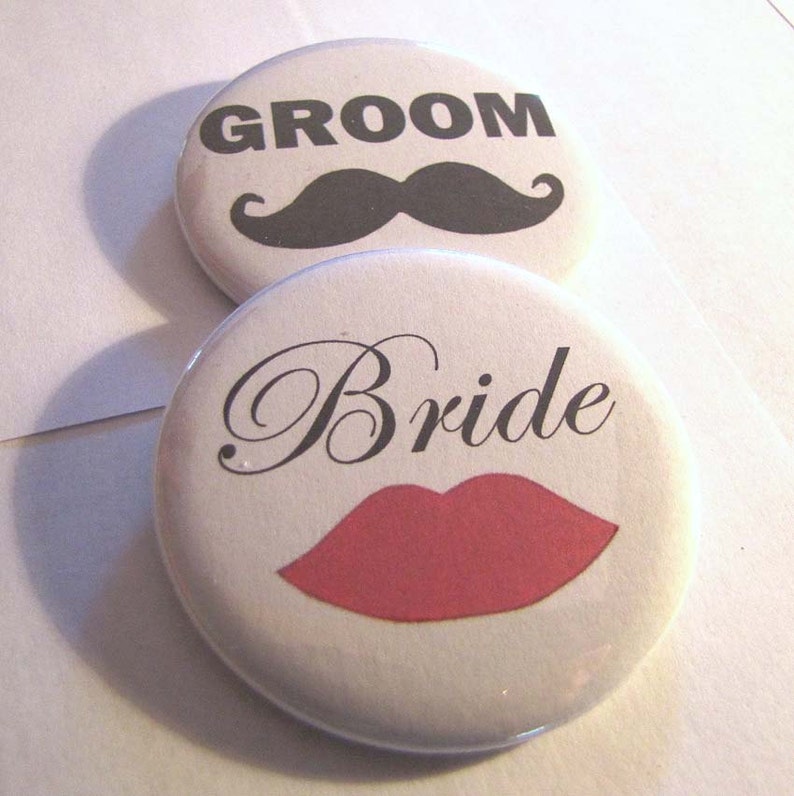 Bride and Groom 2 1/4 inch Pin Back Buttons Set of 2 image 4