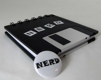 Computer Floppy Disk Notebook Original Nerd Recycled Blank Floppy Disk Mini Notebook in Black with 1 inch NERD Pin