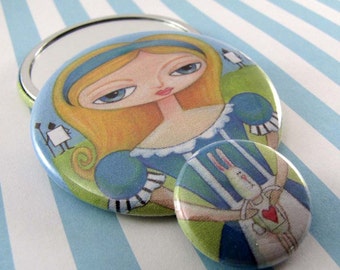 Alice In Wonderland Pocket Mirror with Small Pinback Button
