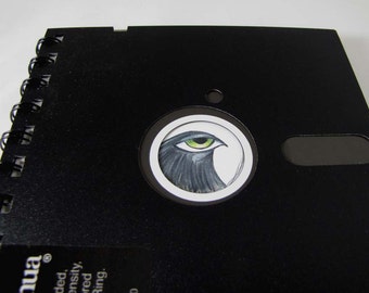 Recycled Geek Gear Computer Floppy Disk Notebook 5 1/4" with Reproduction Artwork of a Black Big Eyed Bird