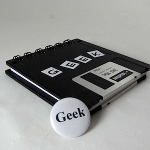 Computer Floppy Disk Notebook Original Geek Recycled Blank Floppy Disk Mini Notebook in Black with 1 inch GEEK Pin
