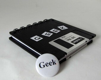 Computer Floppy Disk Notebook Original Geek Recycled Blank Floppy Disk Mini Notebook in Black with 1 inch GEEK Pin
