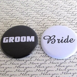 Bride and Groom 2 1/4 inch Pin Back Buttons Set of 2 image 2