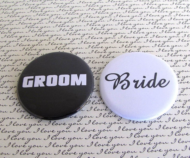 Bride and Groom 2 1/4 inch Pin Back Buttons Set of 2 image 2