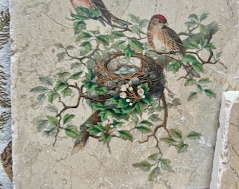 Marble trivet - Vintage Redpoll Bird with Nest
