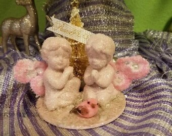 Christmas Angels under Christmas Tree with Bird "Peace and Love"