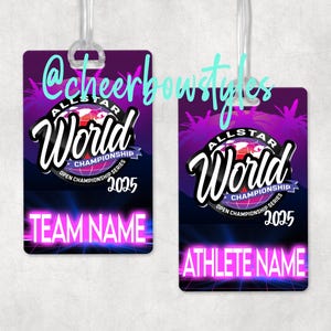 May include: Two purple and pink lanyard badges with the text "Allstar World Championship Open Championship Series 2025" and a globe graphic. One badge has the text "Team Name" and the other has the text "Athlete Name".