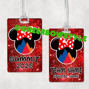 May include: Two red luggage tags with a cartoon image of Mickey Mouse's ears and a red bow. The top tag says "Summit 2025". The bottom tag says "Team Name Athlete Name".