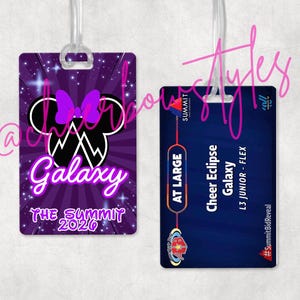 May include: Two luggage tags with clear plastic loops. One tag features a purple background with a Mickey Mouse silhouette, a purple bow, and the word "Galaxy". The other tag is blue with text that reads "Cheer Eclipse Galaxy".