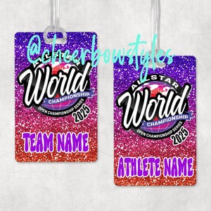 May include: Two purple and pink glitter lanyard badges with a world globe graphic and the text "World Championship Open Championship Series 2025". One badge says "Team Name" and the other says "Athlete Name".