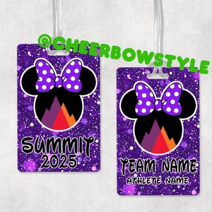 May include: Purple luggage tag with a sparkly background featuring a silhouette of Mickey Mouse with a purple and white polka dot bow. The text "Summit 2025" is printed on the tag.