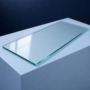 May include: A rectangular sheet of clear, transparent glass with smooth, polished edges. The glass is flat and features a reflective surface that catches light, showing a clean, minimalist design with a visible green tint along the thickness.