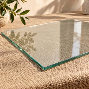 May include: A rectangular sheet of clear, transparent glass with smooth, polished edges. The glass is flat and features a reflective surface that shows light and shadows, highlighting its clean, minimalist, and functional design.