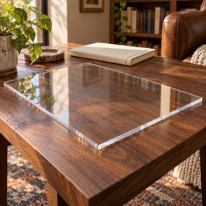 May include: A rectangular, clear acrylic sheet with a smooth, polished surface and sharp, defined edges. The transparent material reflects light, creating a glossy finish that allows the underlying wood grain texture to be clearly visible through it.