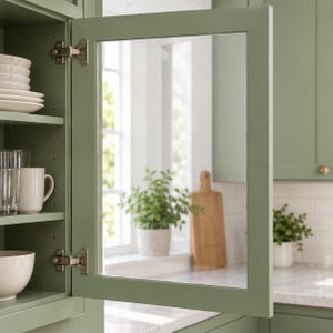 May include: A sage green kitchen cabinet door with a clear glass panel and metal hinges, attached to a cabinet frame containing stacked white bowls, clear glasses, and a white mug on shelves, with a view of a window and kitchen counter.