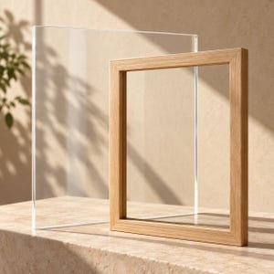 May include: A rectangular light-toned wooden frame positioned in front of a clear, transparent acrylic sheet. The frame features a simple, clean-lined design with a natural wood grain texture, standing upright alongside the smooth, reflective acrylic panel.