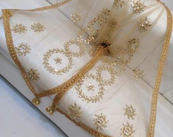 Mirror Work Net Dupatta: Indian Wedding Stole with Gotta Lace