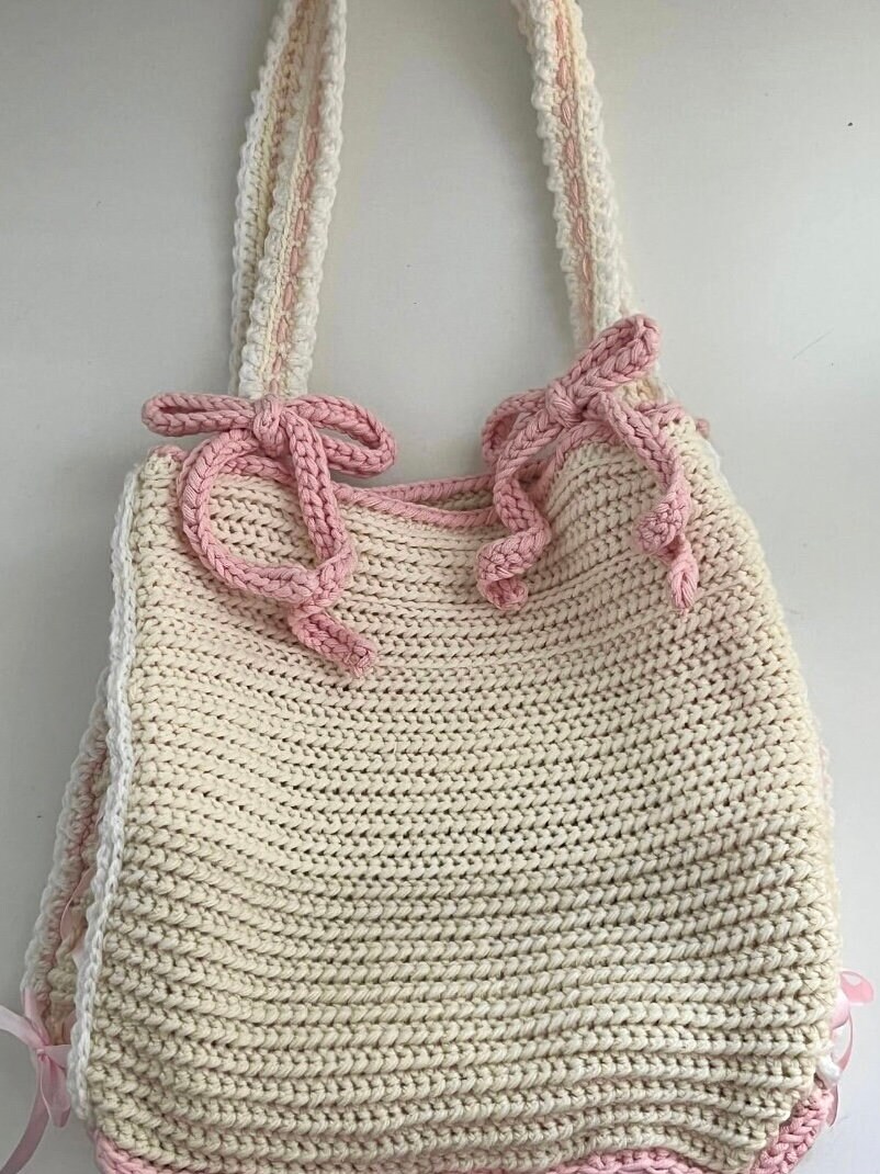 Pink Ribbon & Bow Crochet Tote Bag PDF PATTERN — Written