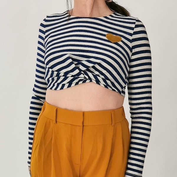 RUTH_02 Langarm Lurex Crop Top Knoten Shirt Navy Streifen