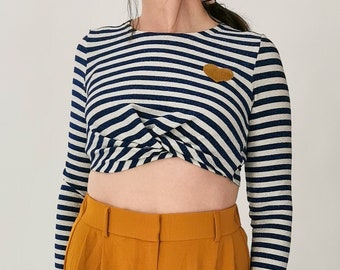 RUTH_02 Langarm Lurex Crop Top Knoten Shirt Navy Streifen