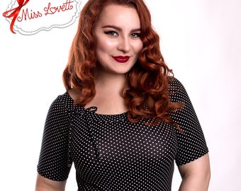 SALE | MADDY_01 Raglan Baseball Rockabilly Shirt Polka Dots BLACK XS