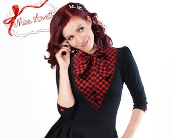 CHLOE_10 Pussy-Bow Blouse 3/4 Long sleeve RED BUFFALO PLAIDS