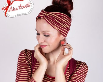 BELLA_41 Retro Rockabilly Turban Stirnband Weinrot/Beige Lurex Streifen