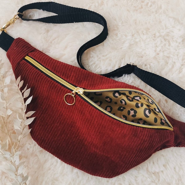 Cord Hipbag Bauchtasche Cross Body Bag ROT/Senfgelb Leopard