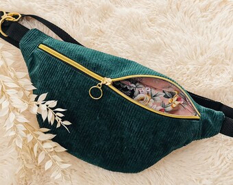 Corduroy Hipbag Patchwork Fanny Pack Crossbody Bag VERT/Fleurs