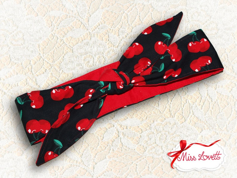 MAE_25b Reversible Rockabilly Headband 2-in-1 Black/Red CHERRIES image 1