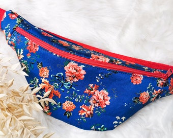 Blaue Hipbag Bauchtasche Sac bandoulière Blumen Lachs