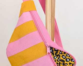 Cord Hipbag Bauchtasche Cross Body Bag Patchwork Streifen Pink/Gelb