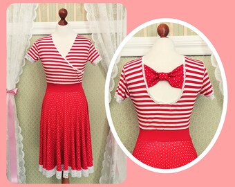 SALE | ANNEMARIE_D07 Maritimes Rockabilly Swing Wickelkleid STREIFEN & PUNKTE Rot