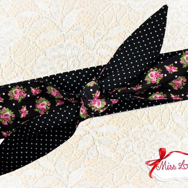 MAE_90 Rockabilly Haarband zum Wenden 2-in-1 Polkadots & Pinke Rosen