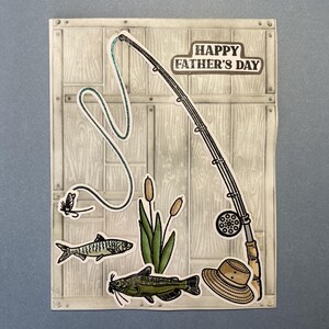 Carte de pêche joyeuse fête des pères, papa, poisson, pêche à la mouche, rivière, lac, pièce découpée à la main, pour parent, pour tuteur légal, pour grand-père, juin, papa