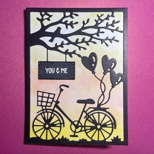Fahrradkarte mit Herzballons, handgefertigte Valentinstagskarte, für Partner, für Mann, für Frau, für Freund, für Freundin, Baum