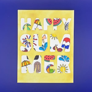 Biglietto d'auguri per l'estate, Pausa, Giugno, Luglio, Agosto, Caldo, Ghiacciolo, Pallone da spiaggia, Ombrello, Sole, Anguria, Semplicemente perché, Mi manchi, Ciao, Divertimento, Ciao