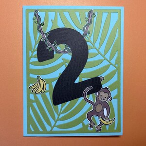 Tarjeta de feliz segundo cumpleaños, jungla, mono, plátano, vid, para niño, hermano, primo, familia, amigo, nieto, sobrina, sobrino, bebé, niño pequeño