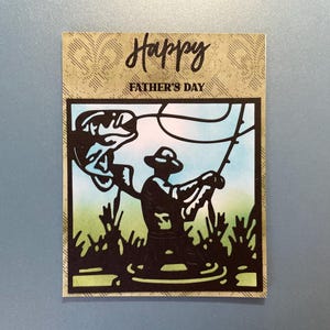 Tarjeta del Día del Padre con un pez grande, papá, pesca, camareros, río, lago, troquelada a mano, para padres, para abuelos, junio, pescador
