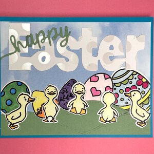 Vrolijke paaskaart, eieren, eenden, konijn, kuikens, snoep, handgemaakt, woordspelingen, voor vriend, familie, vakantie, mand, chocolade, feest, lente