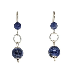 Handmade Silver Hoop Boho Dangle Earrings with Blue Sodalite Gemstones, Sodalite Gemstone Earrings, Blue Earrings