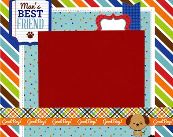 May include: A red scrapbook page with a blue and white striped border. The page has a white frame with a blue and white polka dot pattern. The page also has a blue banner with the text "Man's Best Friend" in white letters. The page has a brown and white plaid ribbon with the text "Good Boy!" repeated five times. The page also has a cartoon image of a brown dog with a red collar and a blue bow tie.