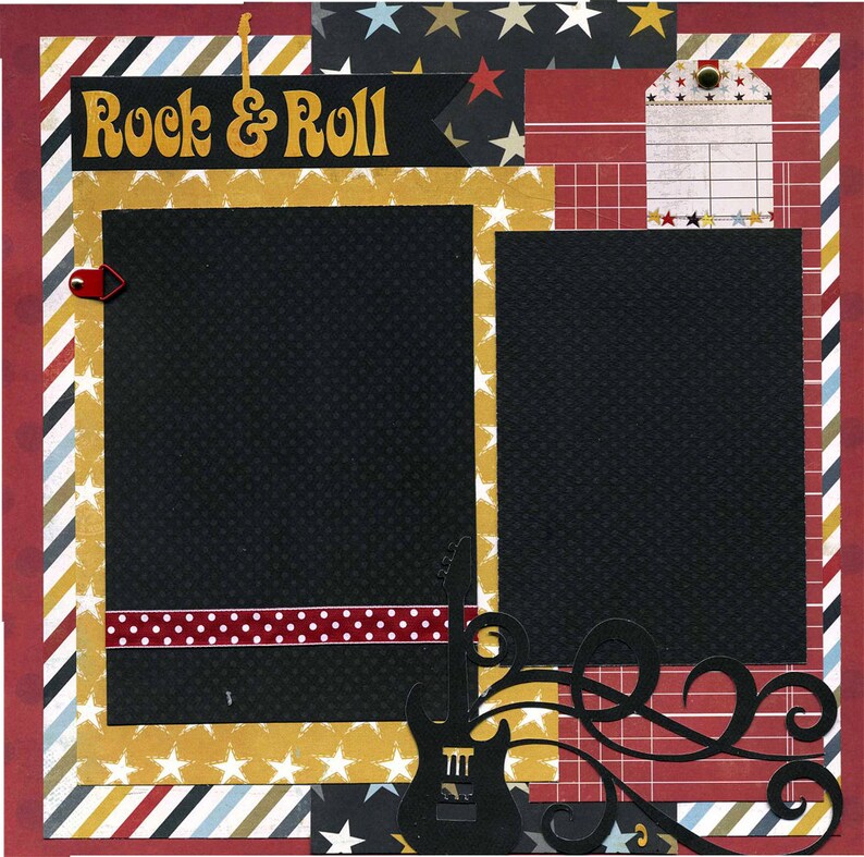 Może przedstawiać: Strona do scrapbookingu z czarnym banerem z ż&oacute;łtym napisem Rock & Roll, dwiema czarnymi ramkami na zdjęcia, czerwono-białą wstążką w kropki, sylwetką gitary oraz ozdobnym papierem w czerwone, ż&oacute;łte, niebieskie i białe gwiazdki.