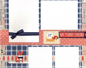 May include: A scrapbook page with a blue and white plaid background. The page has four white photo frames with a pink and white paw print border. The page also has a blue ribbon with white polka dots and a small image of a dachshund wearing a red beret and saying "I ruff you". The page also has a red and white banner that says "My Furry Friend".