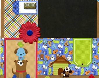 May include: A scrapbook page with a blue, red, and green color scheme. The page features a dog house, a fire hydrant, and a stack of three dogs. The text "GOOD DOG" is on a blue tag.