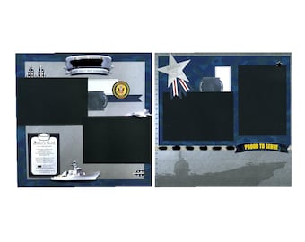 May include: A scrapbook layout with a blue, white, and red color scheme. The layout features a navy blue background with a white ship silhouette and a blue and white camouflage pattern. The layout also includes a white star with red and blue stripes, a white rectangle with the text "Proud to Serve", and a white rectangle with the text "Sailor's Creed".