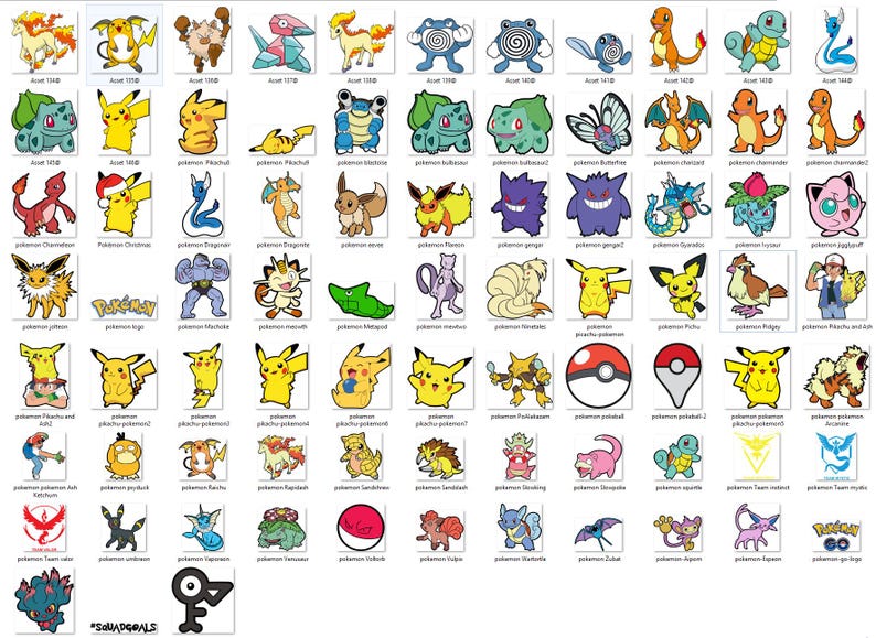 May include: A collection of various Pok&eacute;mon characters in a grid layout. Each character is depicted with distinct colors and designs, including Pikachu, Charmander, and Bulbasaur. The image includes the Pok&eacute;mon logo and the text "#SQUADGOALS".