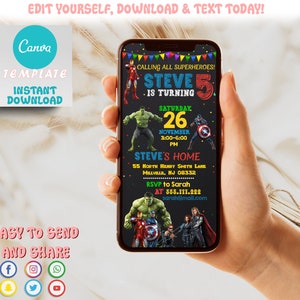Editable Avengers Mobile Birthday Invitation | Superheroes Birthday Invitation | Birthday Evite | Digital Kids Evite, Canva Instant Download
